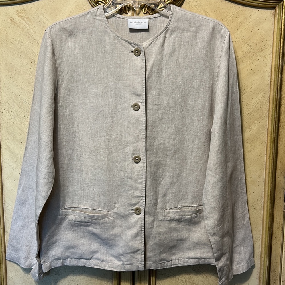 Liz Claiborne Liz Sport Oatmeal Linen Button Front Pocket Blazer Jacket